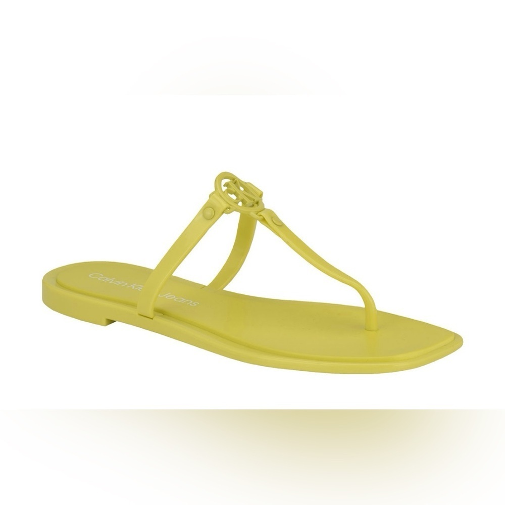 NEW Calvin Klein Women's Edhen Logo T-Strap Flat Jelly Sandals -Yellow 9